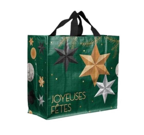 CABAS POLYPROPYLENE TISSE JOYEUSES FÊTES VERT 44X20X40